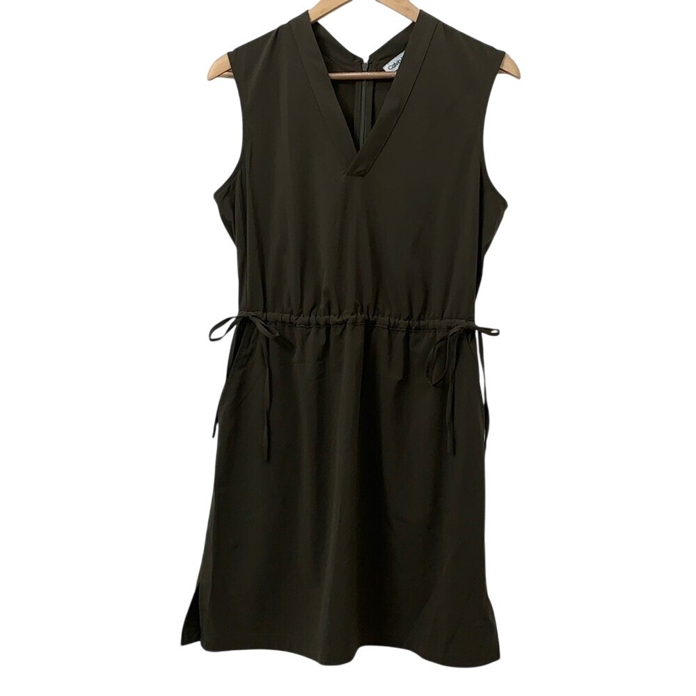 Calvin Klein Olive Green Sleeveless Drawstring Waist V-Neck‎ Shift Dress Size 8